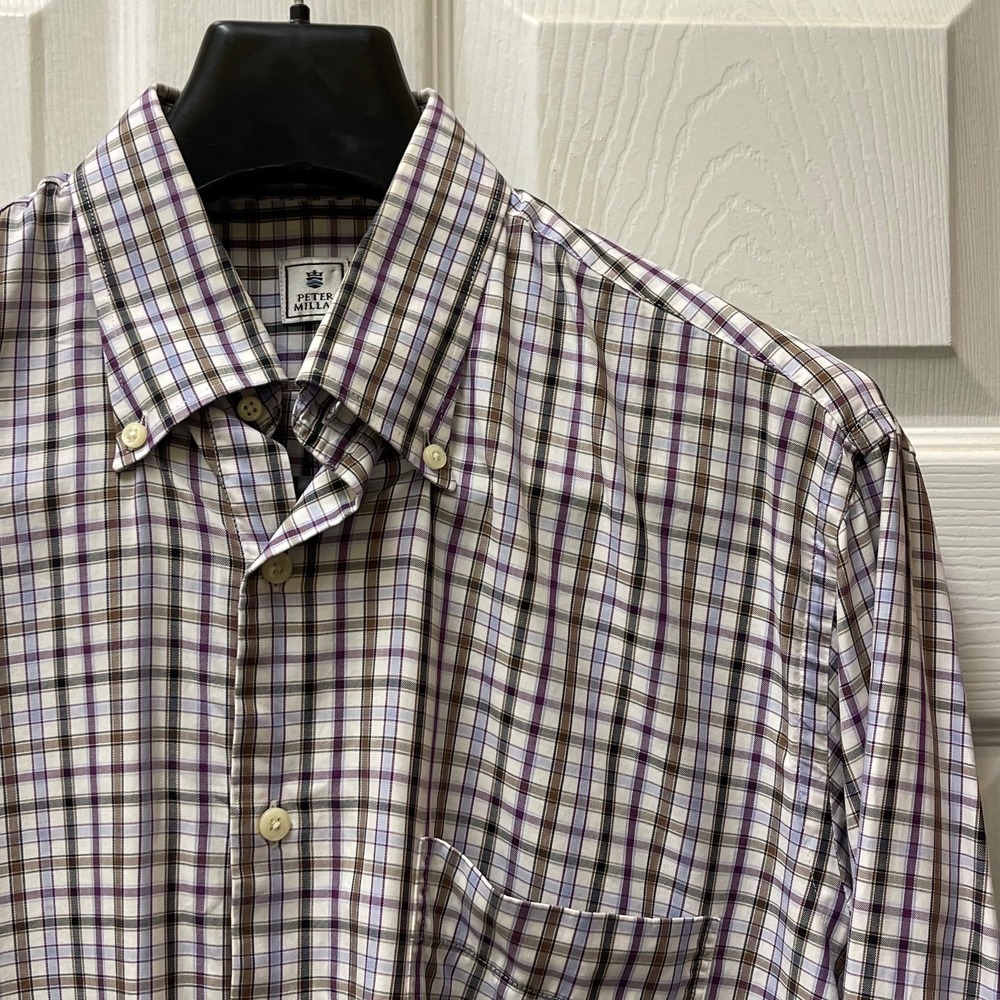 Peter‎ Millar Men's Sz Medium Brown & Blue Tattersall Button Up 100% Cotton